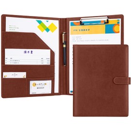 OWLKELA バインダー A4 クリップボード 2つ折り PUレザー クリップファイル 多機能 クリップバインダー 折りたたみ ペンホルダー付き 名刺入れ メモ帳付き ポケット付き プレゼント 贈り物 ギフト オフィス用品 事務用品 (ブラウン)