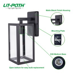 LIT-PaTH Outdoor Wall Lantern, Wall Sconce as Porch Lighting Fixture, E26 Medium Base Max 60W, Anti-Rust Metal with Glass Shade, Black, 2-Pack