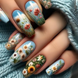 24PCS European Square Press on Nails Flower Fake Nails with Glitter Plant Flowers Designs French Tip Glue on Nails Spring Summer False Nails Acrylic Artificial Glossy Stick on Nails for Women Girls