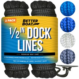 Boat Dock Lines, 1/2 Inch Braided Nylon Rope, 25 ft Mooring Marine Docking Lines with Loop, Black, 2 Pack