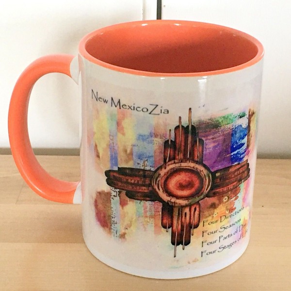 Ceramic Coffee Mug 11oz, New Mexico Zia Sun, Four Stages, Orange inside & handle