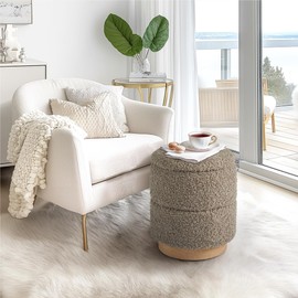Get Set Style Round Ottoman with Storage, Modern Boucle Ottoman Upholstered Foot Stools with Wood Base, Vanity Stool Chair, Footrest Stool Extra Seat for Living Room Bedroom Entryway (Taupe), Onesize