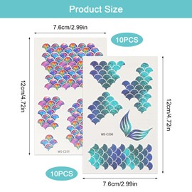 20 Sheets Temporary Tattoo Mermaid Glitter Face Tattoo Mermaid Scales Tattoos Mermaid Waterproof Stickers Mermaid Tattoo Face for Carnival Theme Parties Role Play