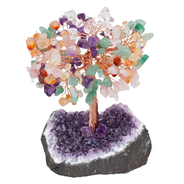 TUMBEELLUWA Natural Crystal Chips Money Tree for Good Luck and Wealth Handmade Stones Figurine Bonsai Tree with Natural Amethyst Cluster Base, Multi Stones