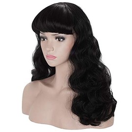 Morvally 50 - Peluca de cabello sintético ondulado natural para mujer, estilo clásico, longitud media, con flequillo, color negro