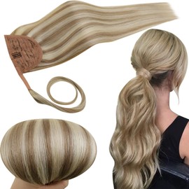Runature Ponytail Real Hair Blonde Highlight, 30cm, Natural Clip-In Extensions, Braid, Blonde, Invisible, 70g/pack, Brown Colour, #8P60