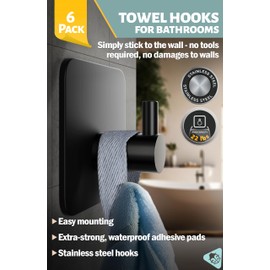 Menz 6-Pack Towel Hooks for bathrooms, Black - Durable Adhesive Hooks, Adhesive Wall Hooks, Adhesive Towel Hooks, Waterproof Stick on Hooks
