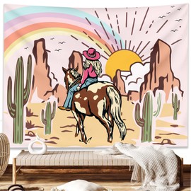 KJHL Cowgirls Rainbow Wall Tapestry for Teen Girls, 44 x 60 Inch Retro Pink Tapestry Wall Hanging Cowgirl Gifts for Women, Western Room Decor Aesthetic Tapestries for Bedroom Dorm
