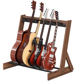 MAHANCRIS Guitar Stand, Guitar Rack for Multiple Instruments, Multi-Guitar Storage for 3 Acoustic, 5-6 Electric or Bass, Wooden Floor Acoustic Stand, Instrument Rack Holder, for Home Music Studio, Walnut and Black GSHA7501