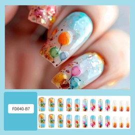 LOPMNGHT Colorful Ballon Press on Nails Medium Length Gradient French Stick on Nail Press Ons with Design Full Cover Artificial False Nail Glossy Reusable Acrylic Manicure Glue on Nails for Women
