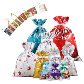 BEAUTY PLAYER Christmas Wrapping Bags 10 pieces, Message Cards 12 piece set, Present Bags, Greeting Bags, Gift Bags, 4 Sizes Small, Large, Extra Large (S~XL), 10 Designs (connecting rope)