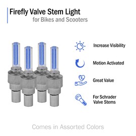 AlveyTech Blue LED Firefly Valve Stem Light Set - for Kids Mini Dirt Bikes and Scooters, ATV, 4-Wheel Quad, Mod E-Bike Lights, Car, Gas/Electric Scooter Accessories, Bicycle Spoke Tire Caps 4-Pack