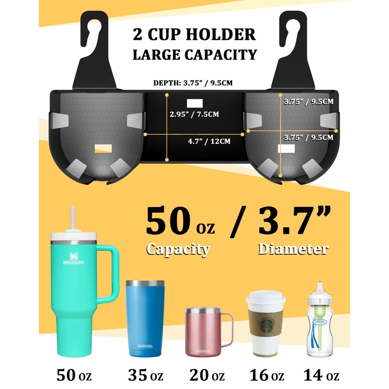 Car Headrest Backseat Cup Holder 3.7" with Organizer, High Capacity