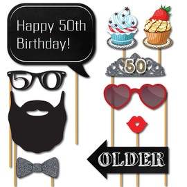 50th Birthday Photo Booth Props - 31-pc 50th Birthday Props with 8 x 10-Inch Sign, 45 Adhesive Pads, 35 Sticks - 50th Birthday Decorations