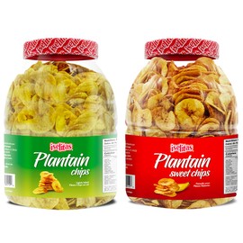 Iselitas | Plantain chip Salted Party Size Jar | Thin & Crispy | Light Salted | Plantains Sweet Party Size Jar | Sweet Plantain Chips |Farm Packed | 2 Jar |26.45OZ (750g)