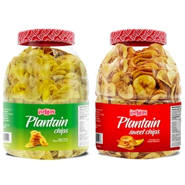 Iselitas | Plantain chip Salted Party Size Jar | Thin & Crispy | Light Salted | Plantains Sweet Party Size Jar | Sweet Plantain Chips |Farm Packed | 2 Jar |26.45OZ (750g)