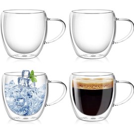 UNIQU 4x250ml Double Walled Glass Mugs Coffee Cappuccino Latte Macchiato Glasses Cups with Handle, Heat Resistant Borosilicate Glass Cups with Handle for Tea, Coffee, Latte, Cappuccino & Beverages