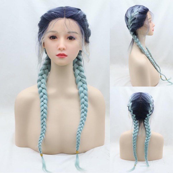 Angle Lucky Omber Blue Braided Wig for Women Hand-Braided Lace Front Wig Synthetic Omber Blue Dutch Twins Braided Wig Heat Resistant Fiber Premium Blue Double Braided Wig 24’’