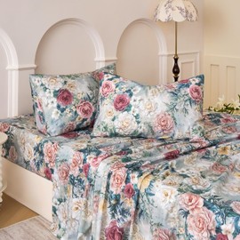 Huborise Blue Floral Bed Sheets Set 100% Cotton Percale Sheets Queen Size Shabby Vintage Chic Peony Patterned Sheets, Soft & Breathable Cottagecore Bedding, Deep Pocket Fitted Sheet 4 Pcs