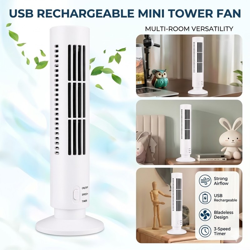 Portable LED Bladeless Tower Fan, 90° Oscillating Quiet USB Desk