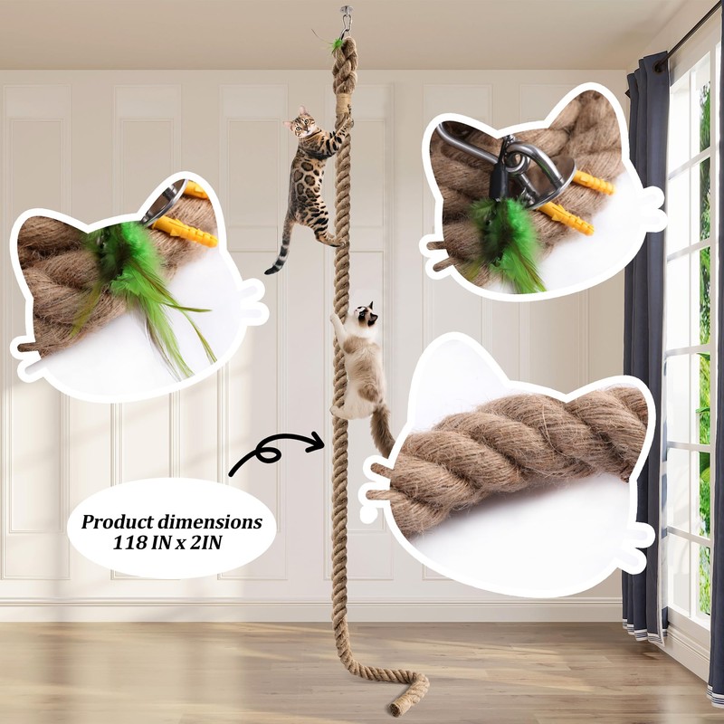 2" x 9.84Ft Cat Climbing Rope with Hook for Ceiling