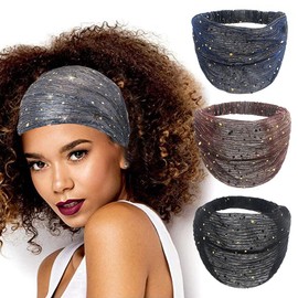 CAKURE Diademas anchas de lentejuelas africanas para la cabeza bohemia, turbante, transpirable, bandas elásticas para el pelo, para yoga, correr, deportes, bufanda elástica para el cabello, accesorios para el cabello para mujeres y niñas, paquete de 3