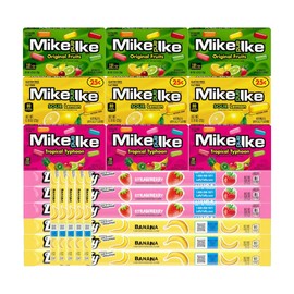 Variety Pack Candy Mix Mike and Ike & Taffy Ropes, 3 Each of 5 Flavors, Individually Wrapped, Original Fruits, Sour Lemon, Tropical Typhoon, Strawberry, Banana, Perfect for Parties and Gifts