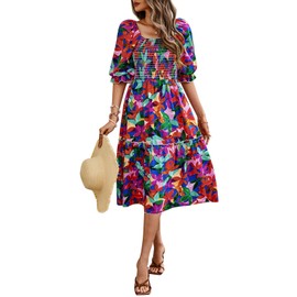 PRETTYGARDEN Women's Summer Midi Dress 2025 Trendy Fashion Puff Sleeve Square Neck A-line Swing Wedding Guest Floral Dresses (Blue Multicolored Flower,S)