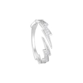 Double Crystal Lightning Bolt Stacking Open Ring for Women Girls 925 Sterling Silver CZ Thunder Waved Adjustable Wrap Knuckle Finger Bands Dainty Statement Rings Comfort Fit Jewelry Gifts (Silvery)
