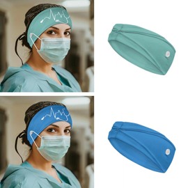 Gomyblomy Green Blue 2 Pack Nurse Headbands with Buttons for Nurse Doctors Stretchy Sweatband Sport Head Wrap for Yoga Gym Hair Accessories Wide Turban for Women Men