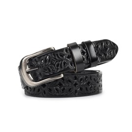 Women PU Leather Hollow Flower Belt Western Buckle Cowgirl Waist for Dress Jeans Pants Dresses, black