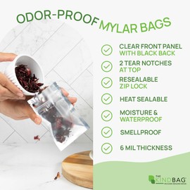 The Kind Bag Resealable Mylar Bags for Food; BPA Free & Freezer Safe Zip Lock Bags; Smell Proof, Heat Sealable, Moisture Free & Waterproof; Commercial Grade 6mil, 6.5x4 inch; Black & Clear (100ct)