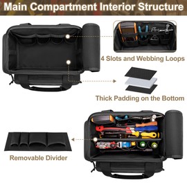 Rexmica 12-Inch Tool Bag with Anti-friction Bottom, Hand Tool Storage Organizer Bag for Men, Tactical Bag, Range Bag, Multi-purpose Work Bag for Repairman, Electrician, Carpenters, Handyman, Black