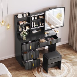 DWVO Makeup Vanity Desk with LED Lighted Mirror & Power Outlet, Fluted Large Vanity Set with 4 Drawers, 3 Color Brightness Adjustable, Lots Storage Dressing Table with Chair for Bedroom, Black