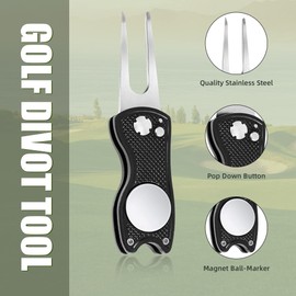Mile High Life 4 Pack Golf Divot Repair Tool w Magnetic Golf Ball Marker | All Metal Foldable Divot Tool w Pop-up Button | Golf Accessories for Men (4 Black Tools)