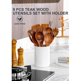 Nucookery Wooden Cooking Utensils Set with Holder, Teak Wood Kitchen Utensils Set, Ceramic Utensils Holder for Countertop, Nonstick Wooden Spoons for Cooking Spatula Set 10 Pcs, Natural Kitchen Decor