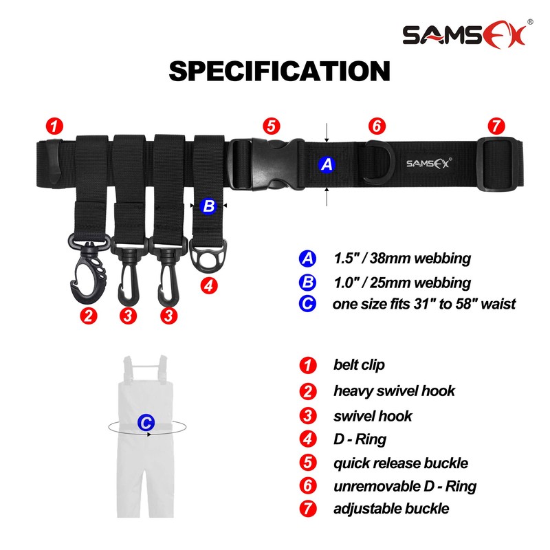 SAMSFX Adjustable Fishing Wading Belt Wader Belts for Surf Casting
