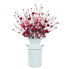 Uieke 4Pcs Valentines Day Decor Artificial Berry Stems Picks with Metal Vase Red Pink Heart Shaped Berries Picks for Valentine's Day Party Wedding Anniversary Table Home Office Party Decor