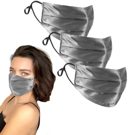 GOLDEN HOUR Silk Satin Face Mask | Sensitive Skin Face Mask | Hypoallergenic Face Mask | Adjustable Face Mask | Silk Face Mask Washable UK (Set of 3, Silver)