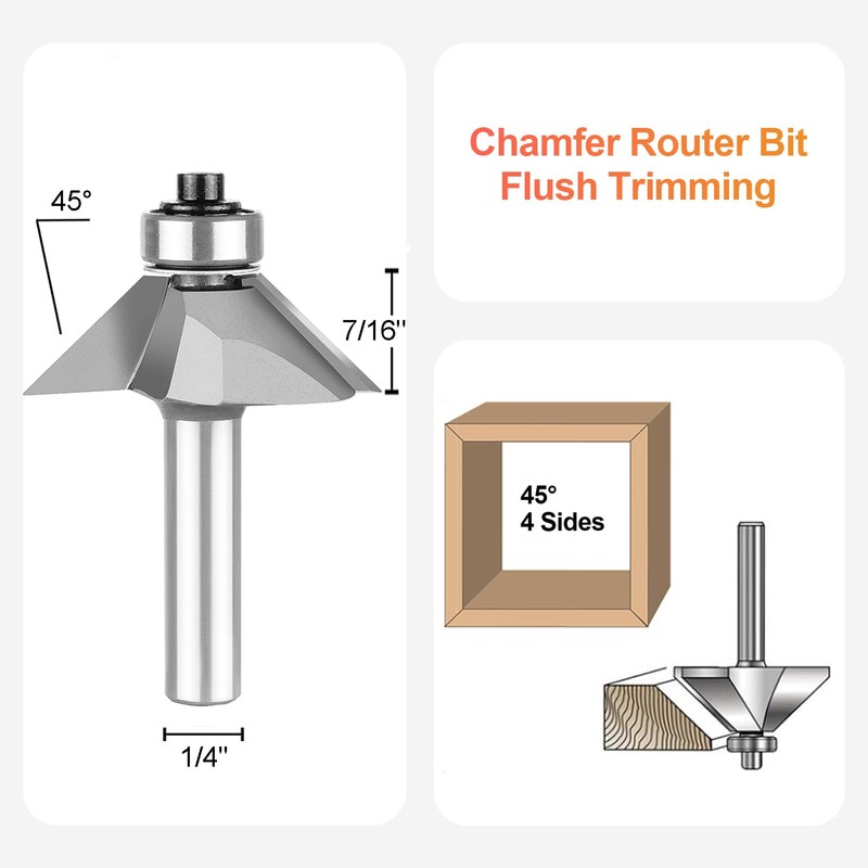 SpeTool Chamfer Router Bits 1/4 inch shank 45 Degree Edge