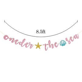 Talorine Oneder the Sea Banner, Mermaid Theme Birthday Banner, Girl 1st Birthday Ocean Party Decorations Supplies, Pink Glitter