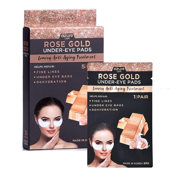AZURE Rose Gold Luxury Anti Aging Under Eye Pads - Lifting, Smoothing & Hydrating Eye Mask Patches - Reduces Fine Lines, Wrinkles, Dark Circles & Puffiness - Skin Care Made in Korea - 5 Pairs