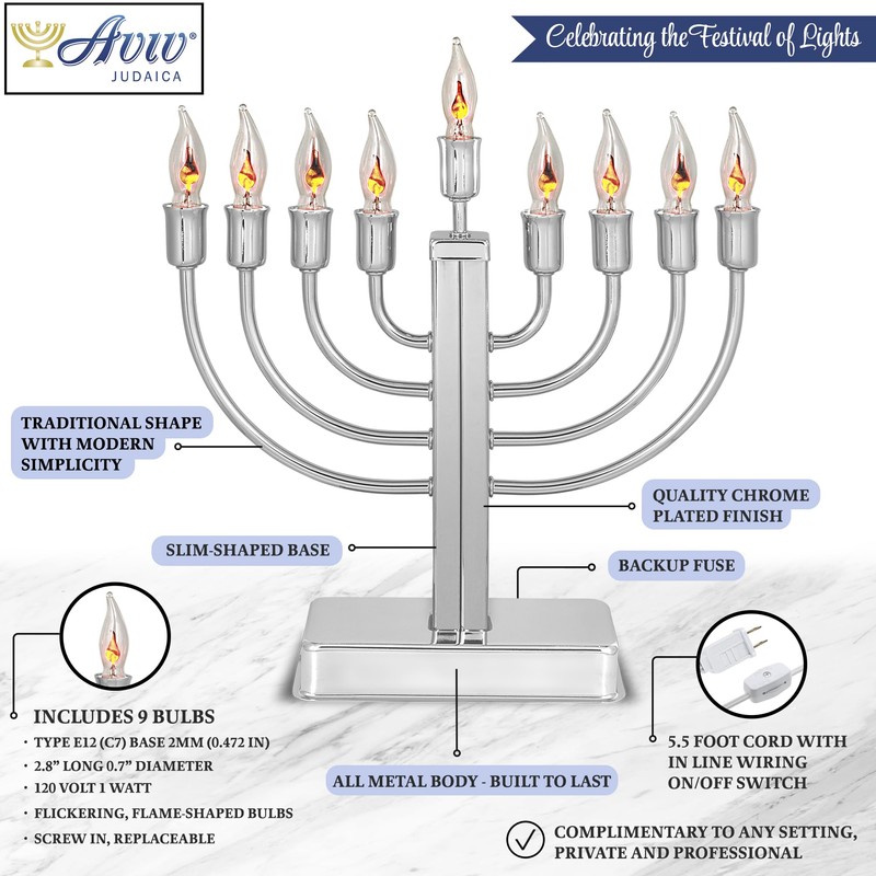 Aviv Judacia Electric Hanukkah Menorah Chrome Plated Metal Chanukiah Candelabra