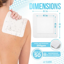 JJ CARE Waterproof Adhesive Island Dressing [Pack of 50], 6” x 6” Sterile Bordered Gauze, Breathable Island Wound Dressing, Individually Wrapped Adhesive Gauze Bandages with Non-Stick Central Pad