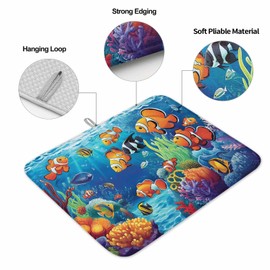 Sea Underwater World Colorful Marine Life Dish Drying Mats for Kitchen Counter,Absorbent Microfiber Dish Drainer Rack Mat Ocean Fish Coral Drying Pad for Sinks,Utensils,Countertops,18x24in