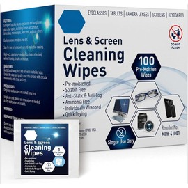 Premoistened Lens Wipes | Anti-Static, Anti-Fog, Quick-Dry & Scratch-Free| 100 Cleaning Cloths for LED Touch Screen, iPhones, iPads, Computer Monitors, Eyeglasses, Camera Lenses, Laptop