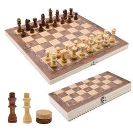 Children's Wooden Chess Game, 3-in-1 Chess, Portable Chess Board, Foldable Chess Board, Lockable Case, Chess Set for Party, Family Activities, Travel Chess, Children (29 x 29 x 2 cm)