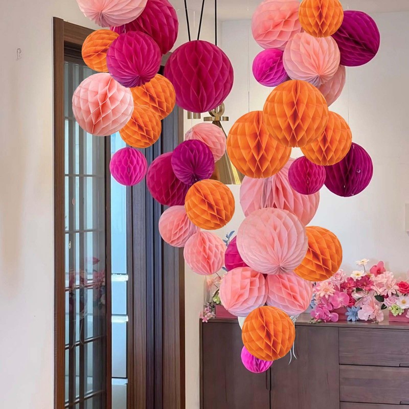 prxififeq Hot Pink Orange and Pink Paper Honeycomb Balls,6 and