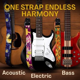 Art Tribute Van Gogh "Starry Night" Guitar Strap for Bass, Electric & Acoustic Guitar - Christmas Gift & Stocking Stuffer Set, 2 Strap Locks, 2 Picks - Adjustable Cotton Strap for Men & Women Guitarists