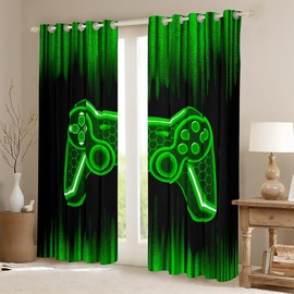 Feelyou Gamer Curtains for Bedroom Living Room (2 Panels, 38 x 45 Inch) Kids Game Controller 30%-50% Blackout Curtains Boys Teens Green Black Darkening Drapes Gaming Window Treatments